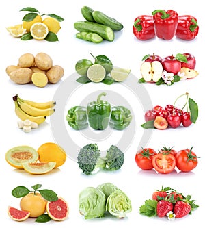 Fruits and vegetables collection isolated apples tomatoes strawberries colors fruit