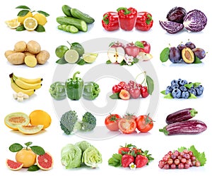 Fruits and vegetables collection isolated apples tomatoes strawberries lemons colors fruit