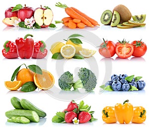 Fruits and vegetables collection isolated orange apple strawberries bell pepper tomatoes fresh fruit