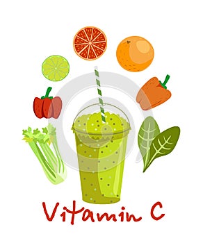 Fruits and vegetables containing vitamin C. Vitamin C food source vector illustration. Foods containing ascorbic acid