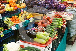 Fruits and vegetables on counter agrarian market