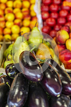 Fruits and vegetables on the counter. Vitamins and healthy food. Soft focus. Vertical