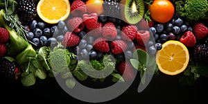 Fruits and vegetables on a dark wooden background