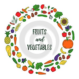 Fruits and vegetables doodles round vector frame