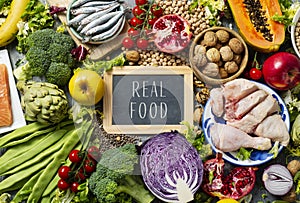 Fruits, vegetables, fish, meat and text real food