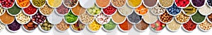 Fruits and vegetables food background spices ingredients berries banner from above