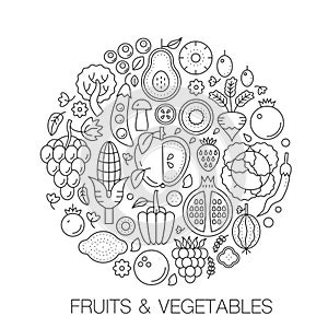 Fruits vegetables food in circle - concept line illustration for cover, emblem, badge. Fruits vegetables thin line