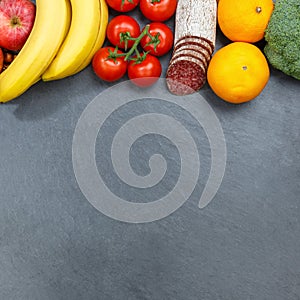 Fruits and vegetables food collection square slate copyspace fro