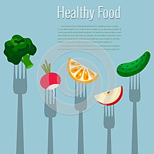 Fruits and vegetables on forks vector illustration background