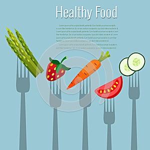 Fruits and vegetables on forks vector illustration background