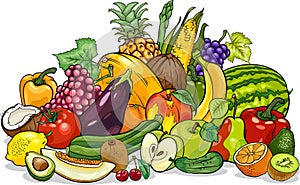 Fruits and vegetables group cartoon illustration