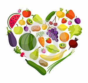 Fruits, vegetables, heart, coloured illustrations.