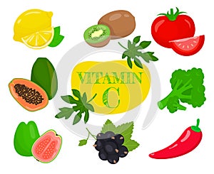 Fruits and vegetables highest in vitamin C. Nutrition and healthy eating concept