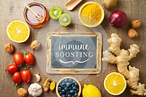 Fruits and vegetables for immune system boosting. Healthy eating background with copy space