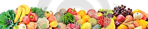 Fruits and vegetables isolated on white background. Panoramic collage. Wide photo with free space for text