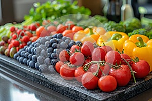 Fruits and vegetables on kitchen utensils in the kitchen