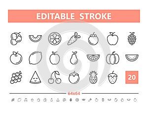 Fruits and Vegetables 20 line icons. Vector illustration in line style. Editable Stroke, 64x64, 256x256, Pixel Perfect.