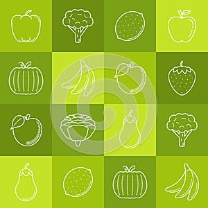 Fruits and vegetables lineart minimal vector iconset on multicolor checkered texture