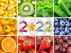 Fruits and vegetables. New year 2022 made of fruits and vegetables. Healthy food. Texture