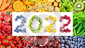 Fruits and vegetables. New year 2022 made of fruits and vegetables. Healthy food. Texture