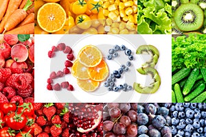 Fruits and vegetables. New year 2023 made of fruits and vegetables. Healthy food. Texture