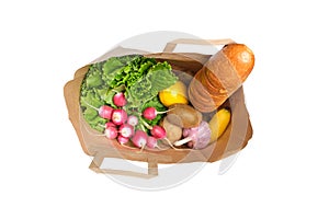 Fruits, vegetables and products in a paper grocery bag