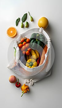 Fruits and vegetables in a reusable mesh bag. Zero waste concept.