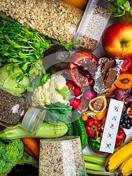 Fruits, vegetables rich in antioxidants vitamins fiber. Healthy clean and detox food superfoods, health vegan food, Diet or