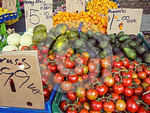 Fruits and vegetables for sale at an open farmers market
