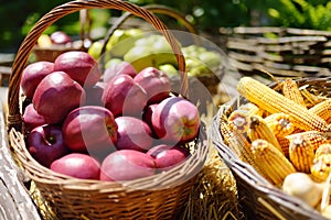 Fruits and vegetables for sale on a street stall in the market. Ripe organic apples and corn in wicker baskets in local farmer