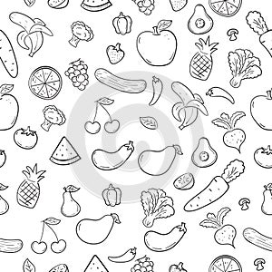 Fruits and vegetables seamless pattern with cute black and white doodle style