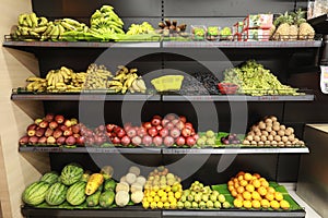 fruits and vegetables in a shelf in supermarket