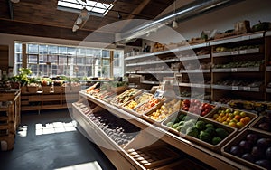 Fruits and vegetables on shelves in grocery store, healthy food concept, Generative AI