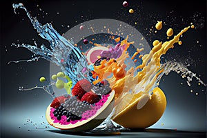 Fruits and vegetables splashing into clear water