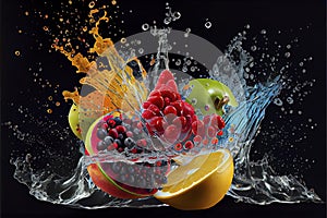 Fruits and vegetables splashing into clear water