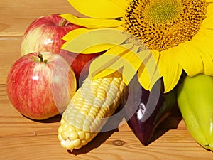 Fruits with vegetables and sunflower