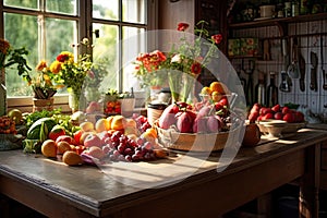 Fruits and vegetables on the table in the kitchen of a country house, Fruits and vegetables on the table in the kitchen. Kitchen