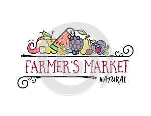 Fruits and vegetables, vegetarian banner Farmer`s Market , isolated color vector icons.