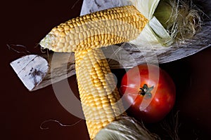 Fruits and vegetables on wooden background