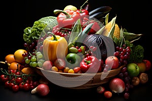 Fruits and vegetables on a wooden bowl in dark wooden background