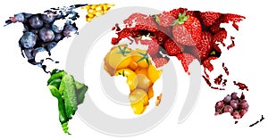 Fruits and vegetables. World map. Fresh food