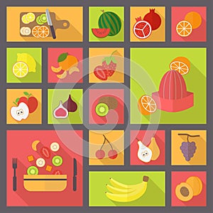 Fruits and vegetarian food icons set.