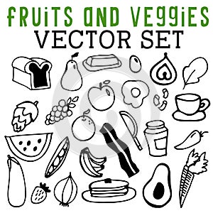 Fruits and Veggies Vector Set with apples, oranges, grapes, bacon, eggs, pears, and bread.
