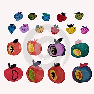 Fruits. Watercolor fruits painted in a naive childish style. Apples, strawberries, raspberries. Isolated vector