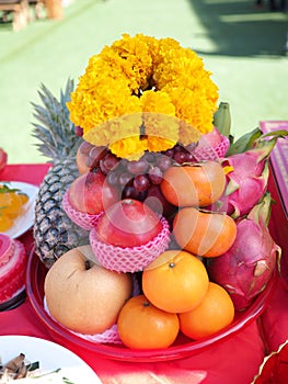 Fruits were placed on the table in a Thai wedding ceremony