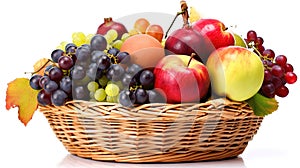 Fruits in a wicker basket isolated on a white background.