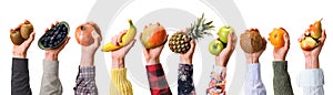 Fruity banner of different fruits in a row in hands