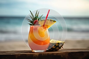 A fruity cocktail with a beautiful paradise beach soft background created with generative AI technology