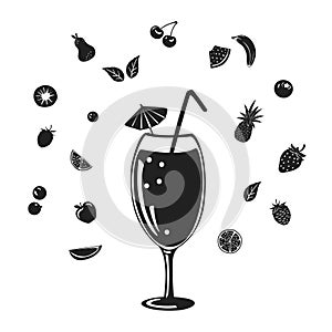 Fruity cocktail silhouette with different fruits and berries