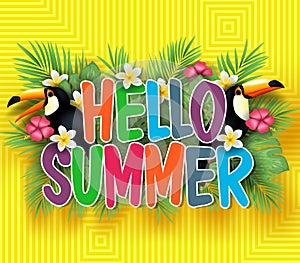 Fruity Hello Summer Poster with Palm Tree Leaves